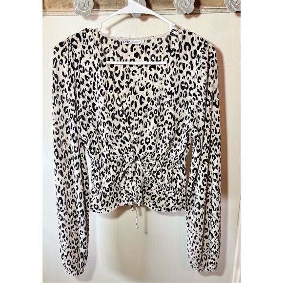 Zara Cream,& Black Animal Print Cinched Pleated V-Neck Plunge Crop Top S: S - Picture 1 of 5